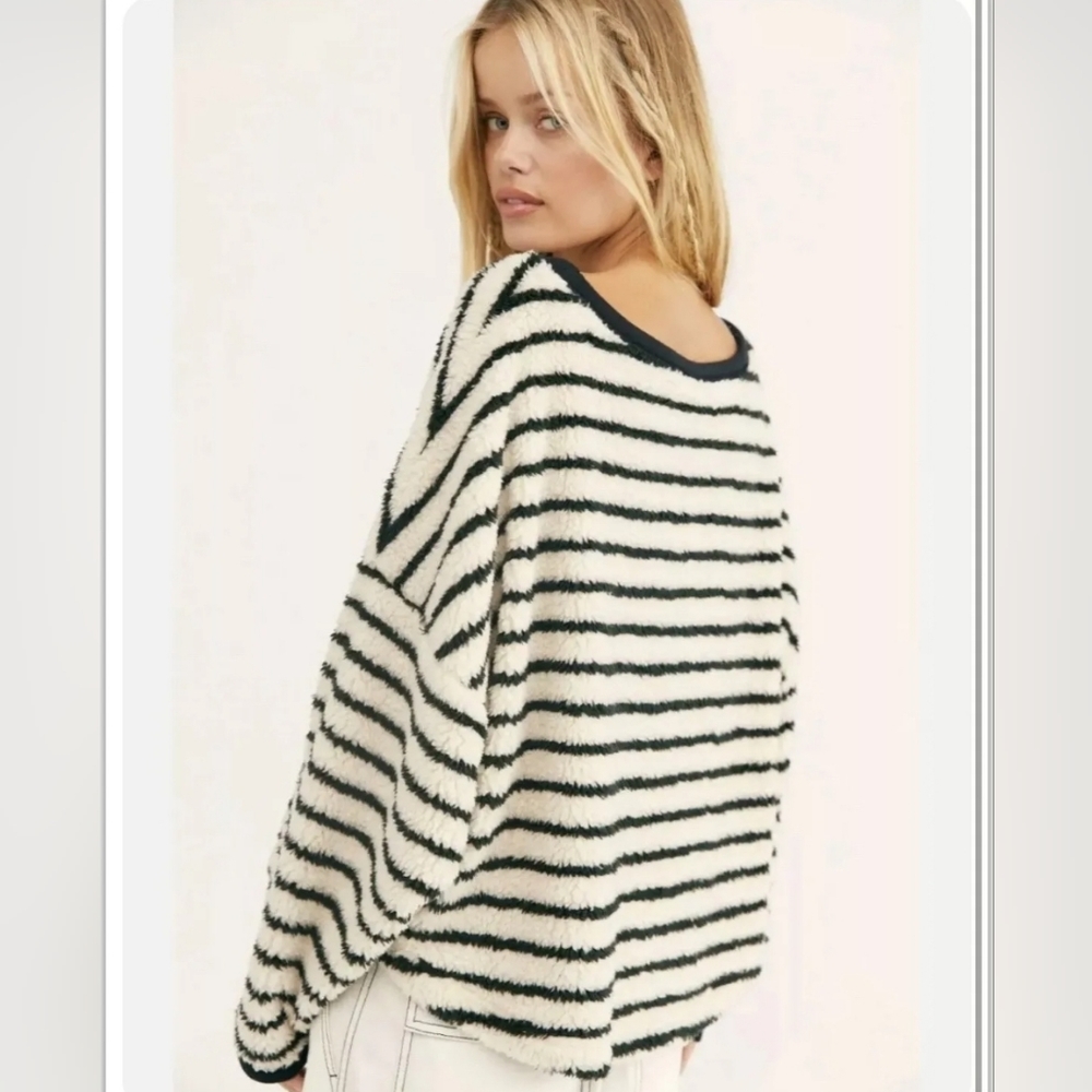 Free People Breton Striped Sherpa Pullover Sweater Black/ White Size Large